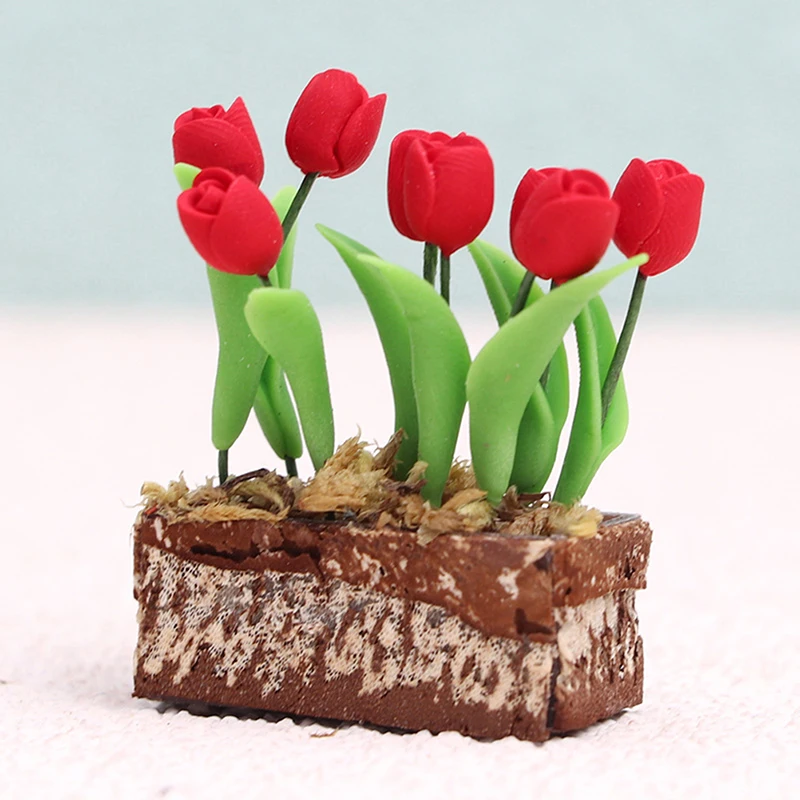 

1:12 миниатюрное растение для кукольного домика, красный тюльпан, цветок в горшке, модель сказочного сада, декоративная игрушка