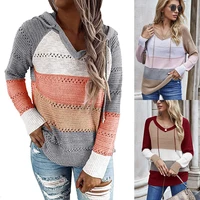 women knitted hoodie long sleeve hooded collar hollow stripe color satching female winter loose casual fashion pullover tops