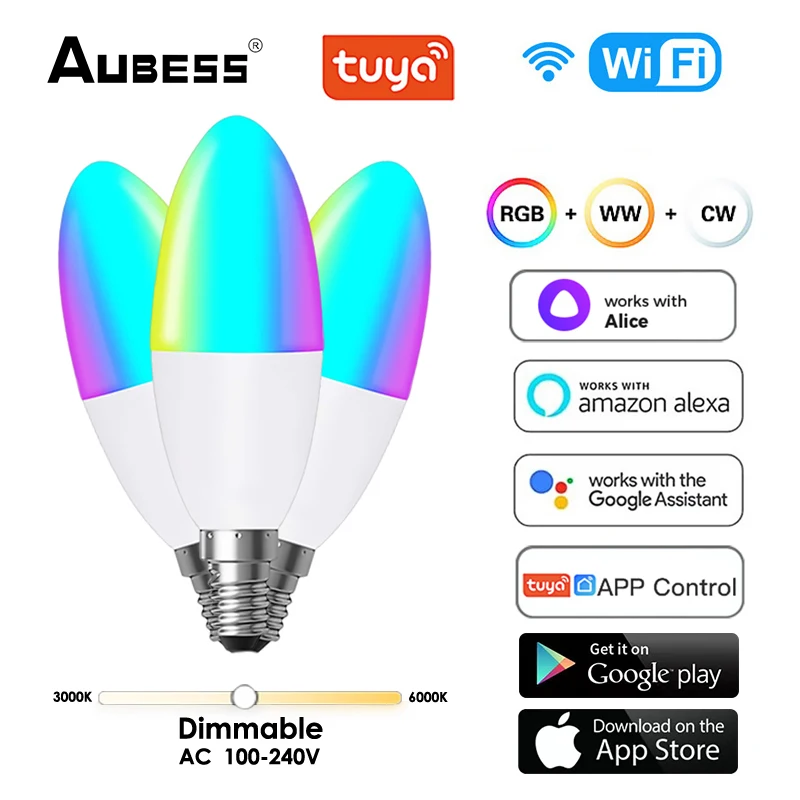 

Умная Светодиодная лампа TUYA, WiFi, E14, RGB, с голосовым управлением, 100-240 В