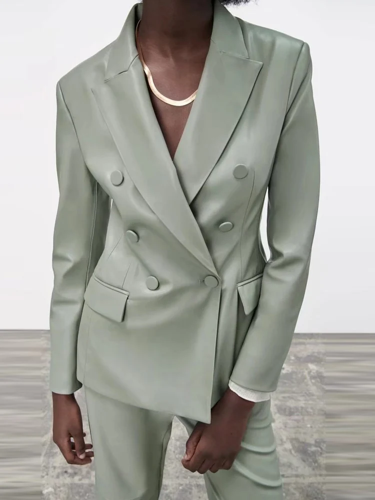 

Kumsvag 2022 Summer Women PU Blazers Coats Suit Casual Solid Double Breasted Slim Female Elegant Street OL Blazer Clothing
