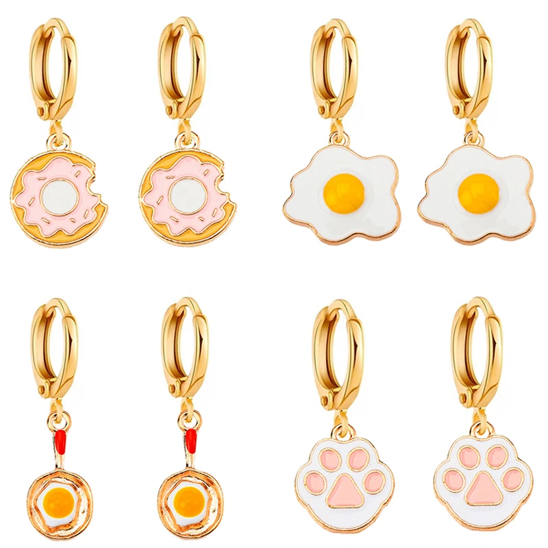 

JQ 2Pairs Women's Hoop Earrings Wholesale Gold Color Metal Cartoon Cute Pink Fried Egg Pans Cat Claw Dangling Jewelry Earring