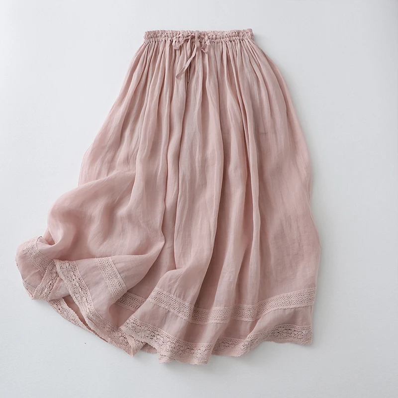 

2023 Summer Korean Solid Lace Patchwork Casual Womens Elastic High Waist Skirts A-line Skirt Female Fashion Elegant Clothing