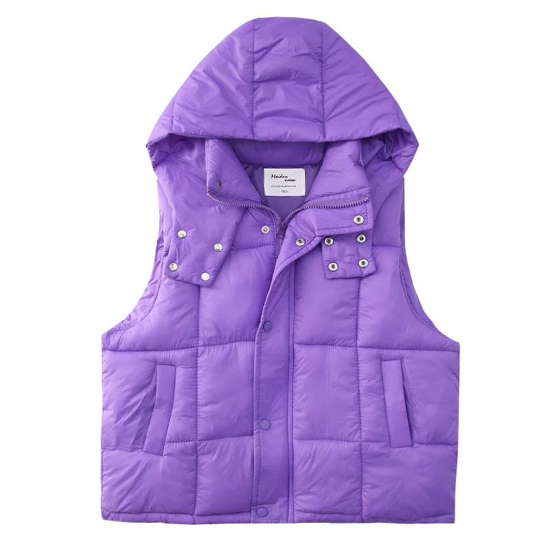 

Winter Children Girls Hooded Vests Fashion Teenage Soild Color Warm Sleeveless Waistcoats Toddler Purple Thicken Coats 8 To 12Y