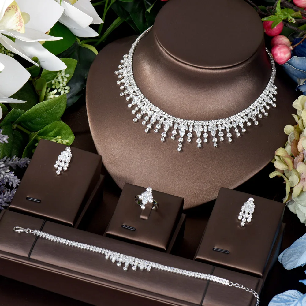 

HIBRIDE роскошные 4 шт серьги и ожерелье ювелирный набор круглый дизайн белый цвет женские свадебные ювелирные изделия аксессуары N-1540