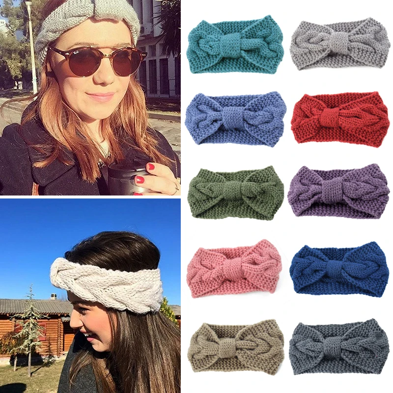 

Повязка для волос с бантом Женская однотонная зимняя вязаная крючком шерстяная теплая эластичная повязка для волос ручной работы аксессуары для волос для женщин