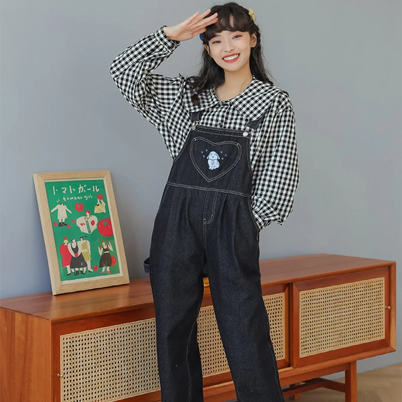 

Black Washed Jeans Summer New Casual Suspenders Cartoon Embroidered Bibs Women's Trousers Jumpsuit Women Jumpsuits