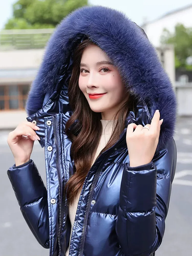 New Women Wash Free Glossy Surface Down Coat Ankle-Length Fashion Detachable Real Fox Fur Collar Thicken Warm Long Down Jacket