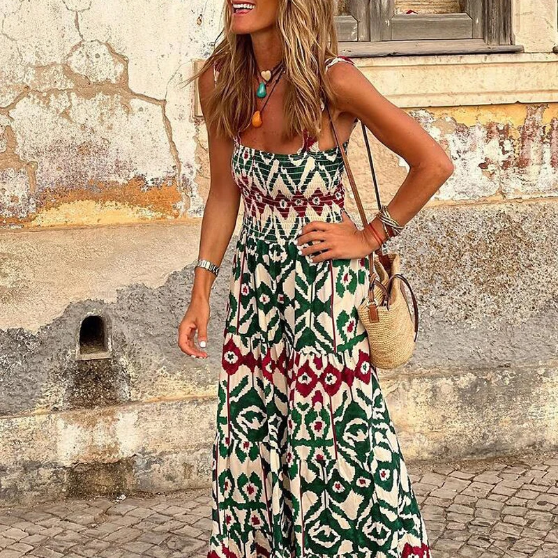 

New Spring Geometric Print Vintage Sundress Women Slash Neck Hollow Draped Long Dress Summer Off Shoulder Loose Maxi Beach Dress