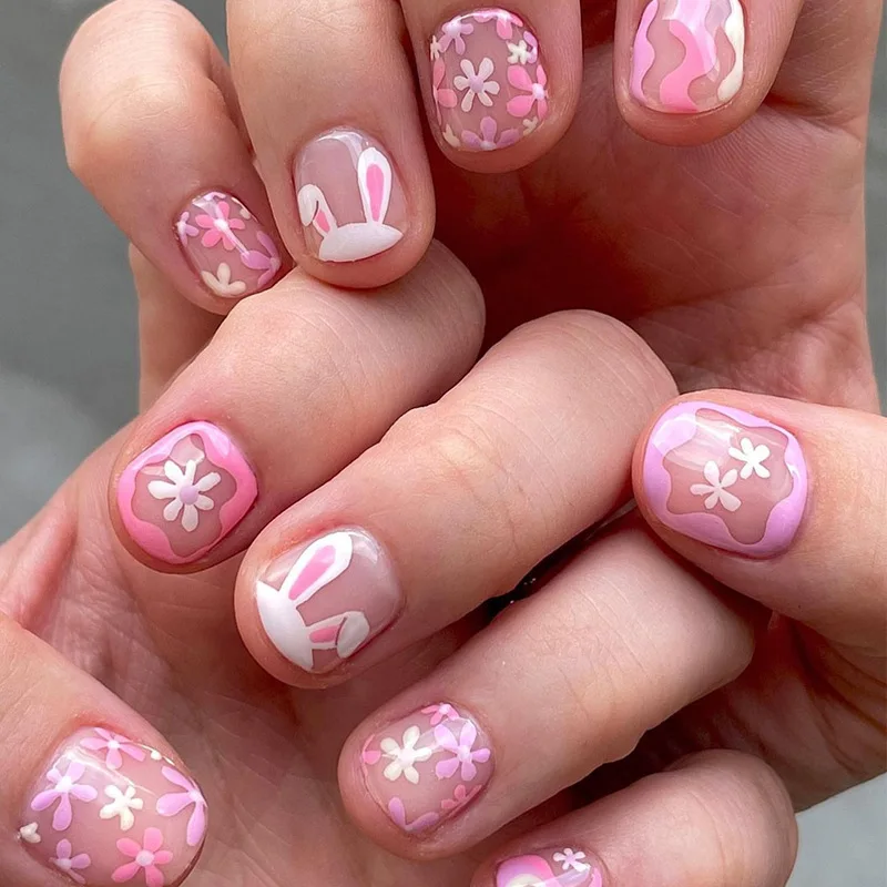 24pcs  Almond False Nails French Rabbit Flower Press on Nails Fake Nials DIY Manicure Detachable Nail Tips Easter Gift