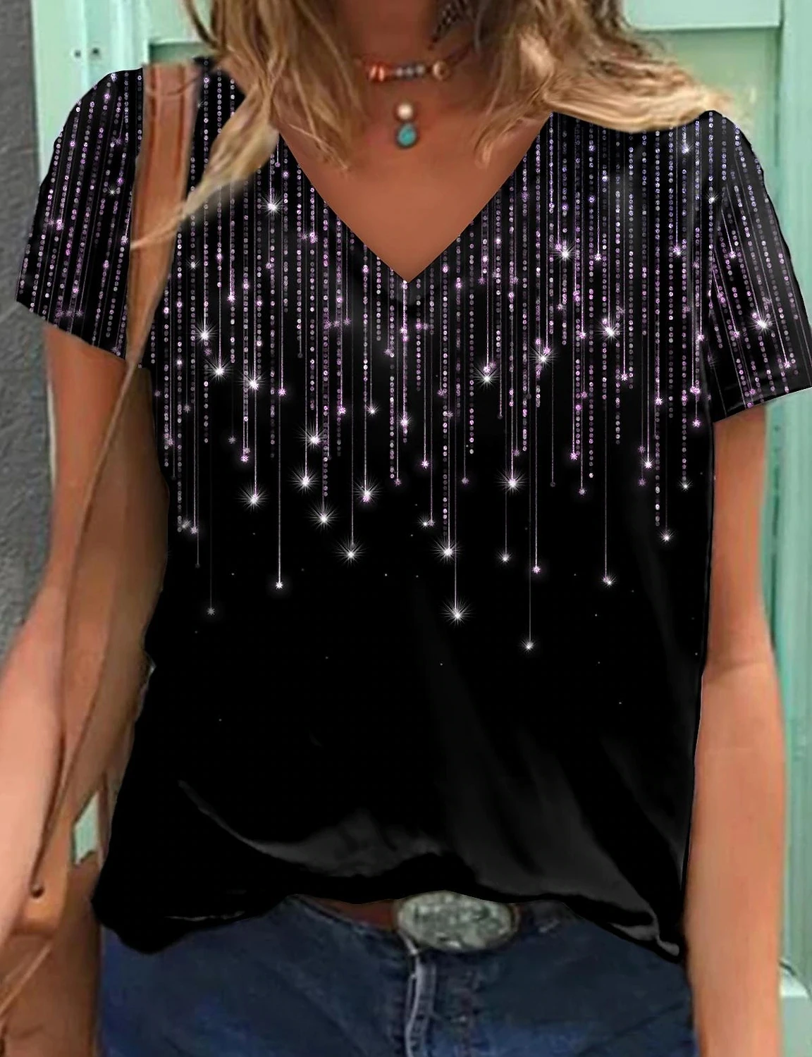 Футболка женская с V-образным вырезом базовый топ коротким рукавом повседневный