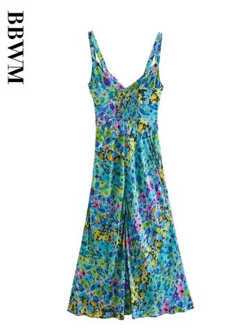 Floral Print Dress Woman V Neck Wide Shoulder Strap Long Dress Women Sexy Backless Party Dresses for Women 2023 Summer Dress