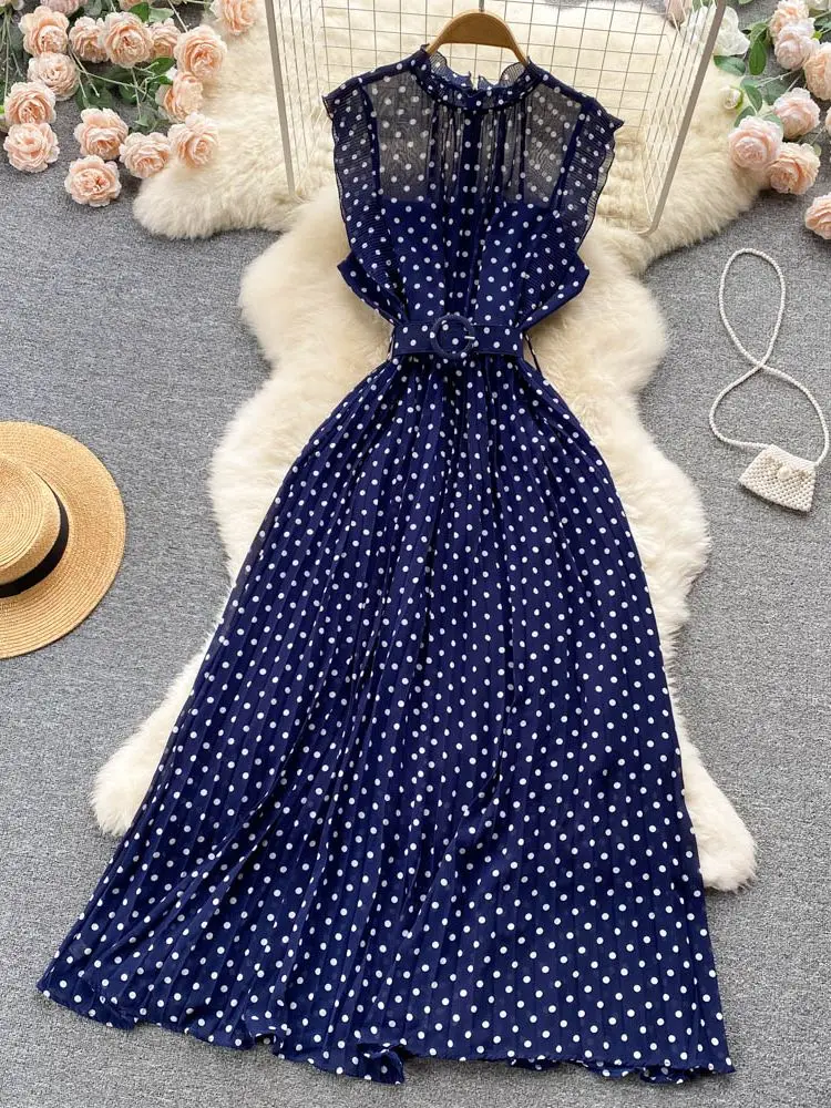 

Summer New Women French Pleated Pot Dot Midi Dress With Belt Elegant A-line Lady Clothes Female Maxi Dresses