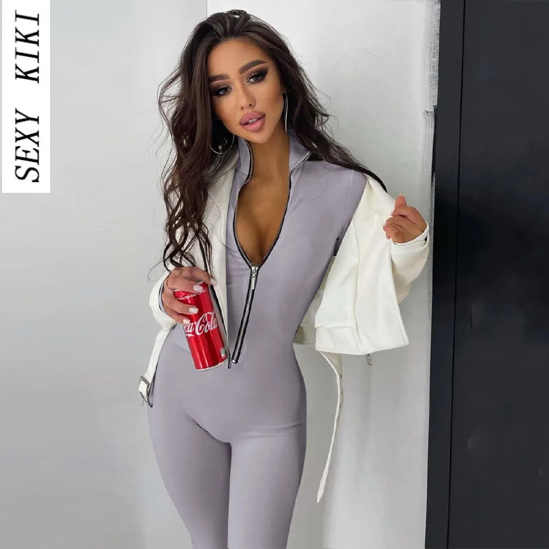 2022 autumn new solid color long-sleeved zipper waist slim sports yoga jumpsuit women