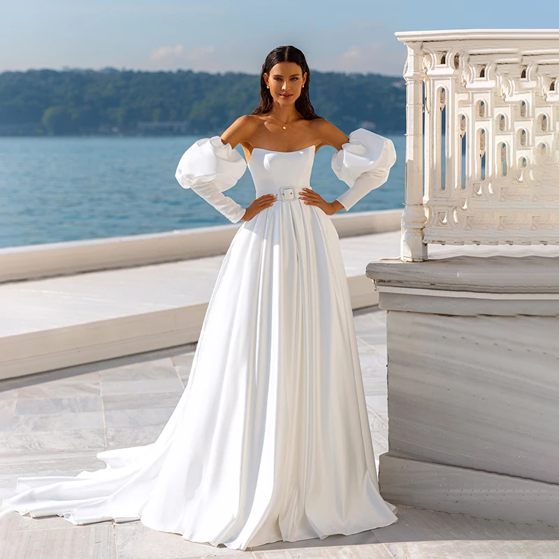 

Elegant Strapless A-line Soft Satin Wedding Dresses Puff Sleeves Train Lace Up Bridal Gowns Plus Size