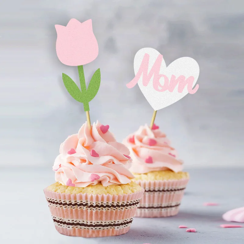 

12pcs Flower Love Mom Cake Toppers Mother's Day Cupcake Topper for Birthday Mother's Day Cake Party Decoration Supplies