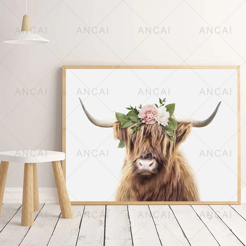 Highland корова с цветами Корона Искусство стены холст искусство для детской фермы