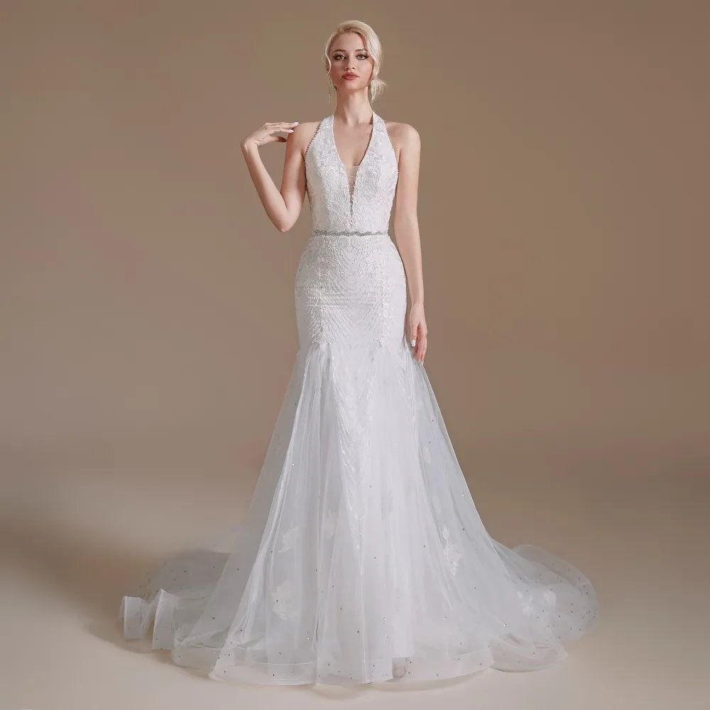 

Simple Mermaid Wedding Dresses V Neck Sash Beads Pearls Back Covered Buttons vestidos de novia Formal Bridal Dress