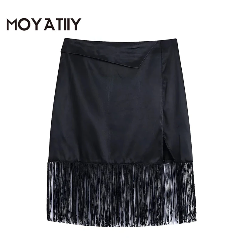 

MOYATIIY Women 2022 Fashion Party Mini Skrit with Tassel Vintage Black Ladies Skirts Back Zipper Design Female Bottoms