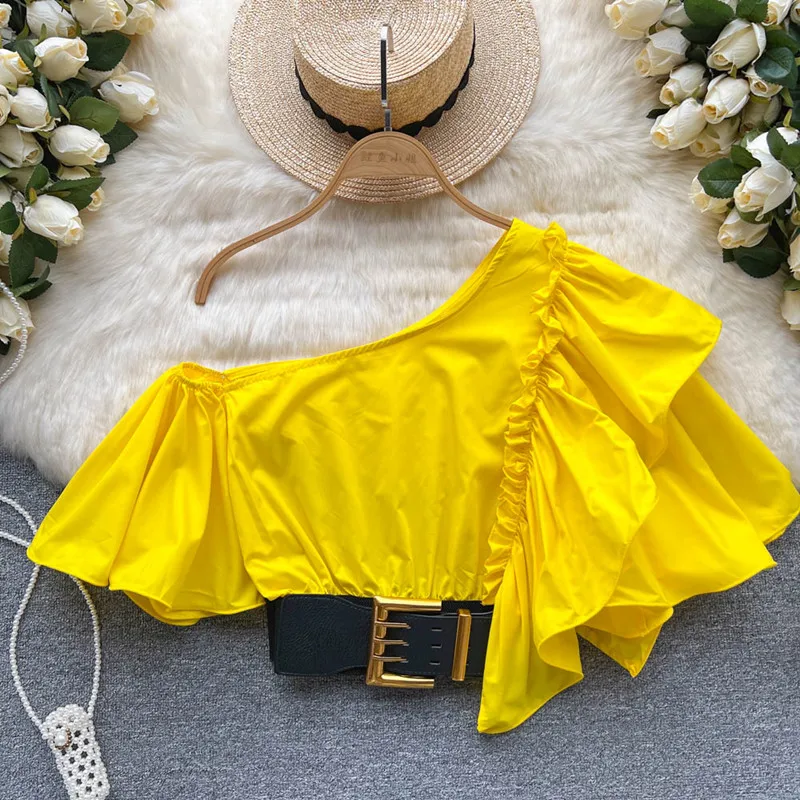 

2022 summer new Fashionable versatile slim irregular short shirt sweet temperament top women blusas feminina