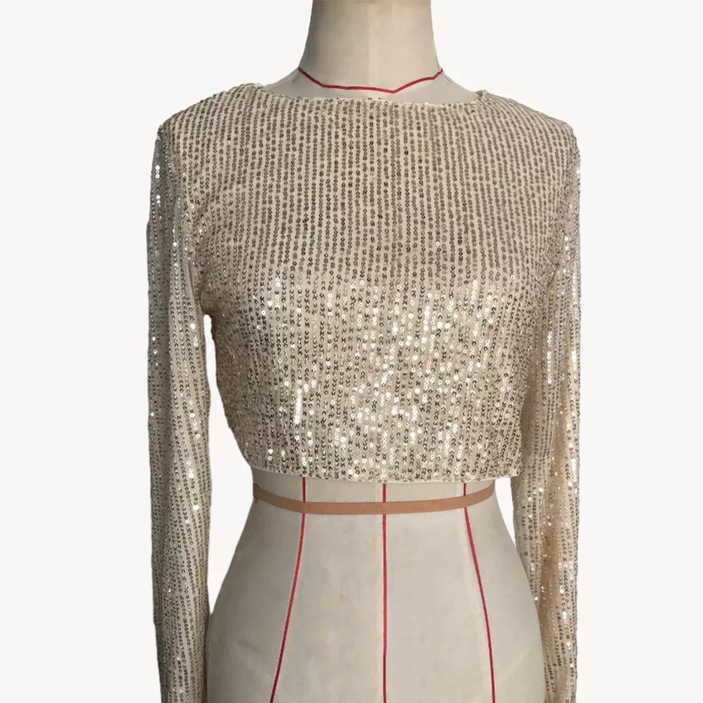 Женский Блестящий укороченный топ с блестками Сексуальная футболка длинным