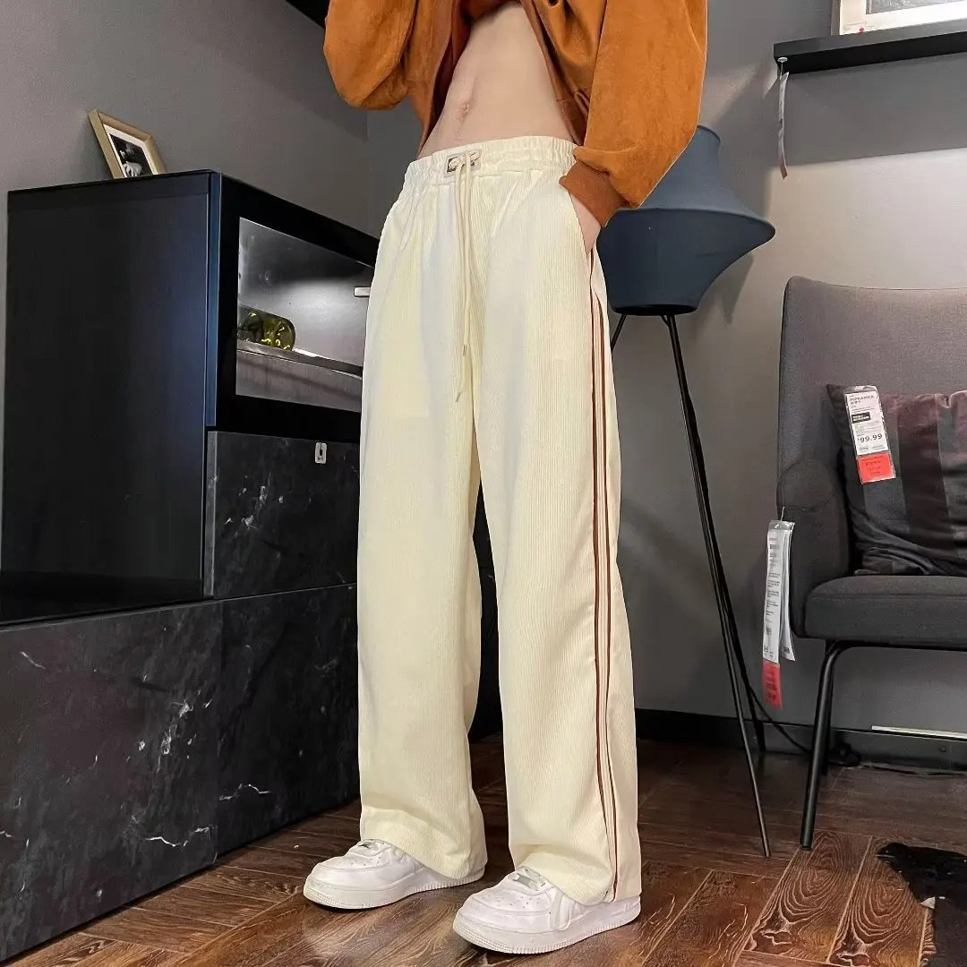 

Спортивные брюки, модные вельветовые молодежные модные брюки со средней талией, флисовые прямые осенние полосатые свободные мужские брюки