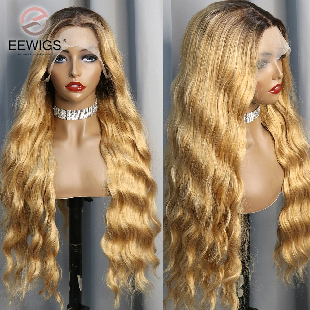 Long Wave Synthetic Ombre Golden Colored 30 Inch 13x4 Transparent Lace Front Drag Queen Preplucked Cosplay Wigs For Women Daily