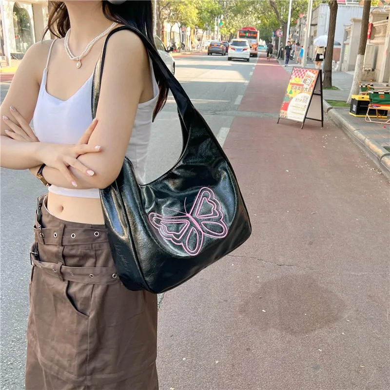 

MBTI Y2k Tote Bags for Women Aesthetic Fashion Designer Embroidery Butterfly Shoulder Bag Large Capacity Shopper Leather Handbag