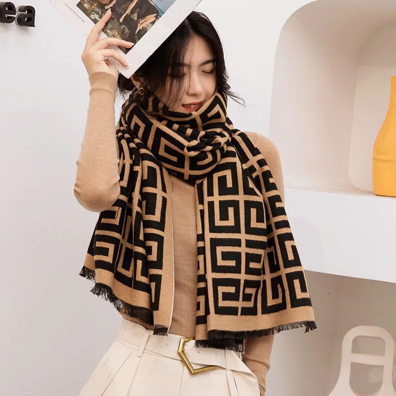 2021 New Winter Scarf Women's Luxury Brand Tippet Knitted Cashmere Scarves and Shawls Designer Warm Plaid Letter Jersey
