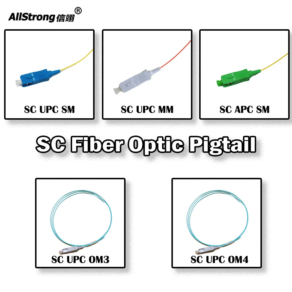 ALLSTRONG 1.0 Meter 10/20/50/100/200 Pieces SC UPC/APC Fiber Optic Pigtail Simplex 0.9mm G657A1 FTTH