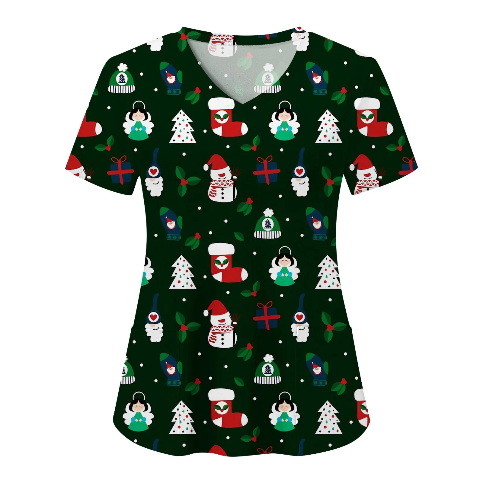 

Футболка женская с V-образным вырезом, топ с принтом рождественской елки, униформа медсестры, летняя одежда с карманами, 2023