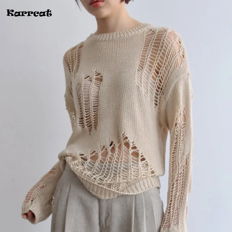 

Autumn New Korean Style Long-sleeved Sexy Hole Sweater Asymmetric Hem Loose Pullover Hollow Out Thin Knit Sweater Jumper Tops