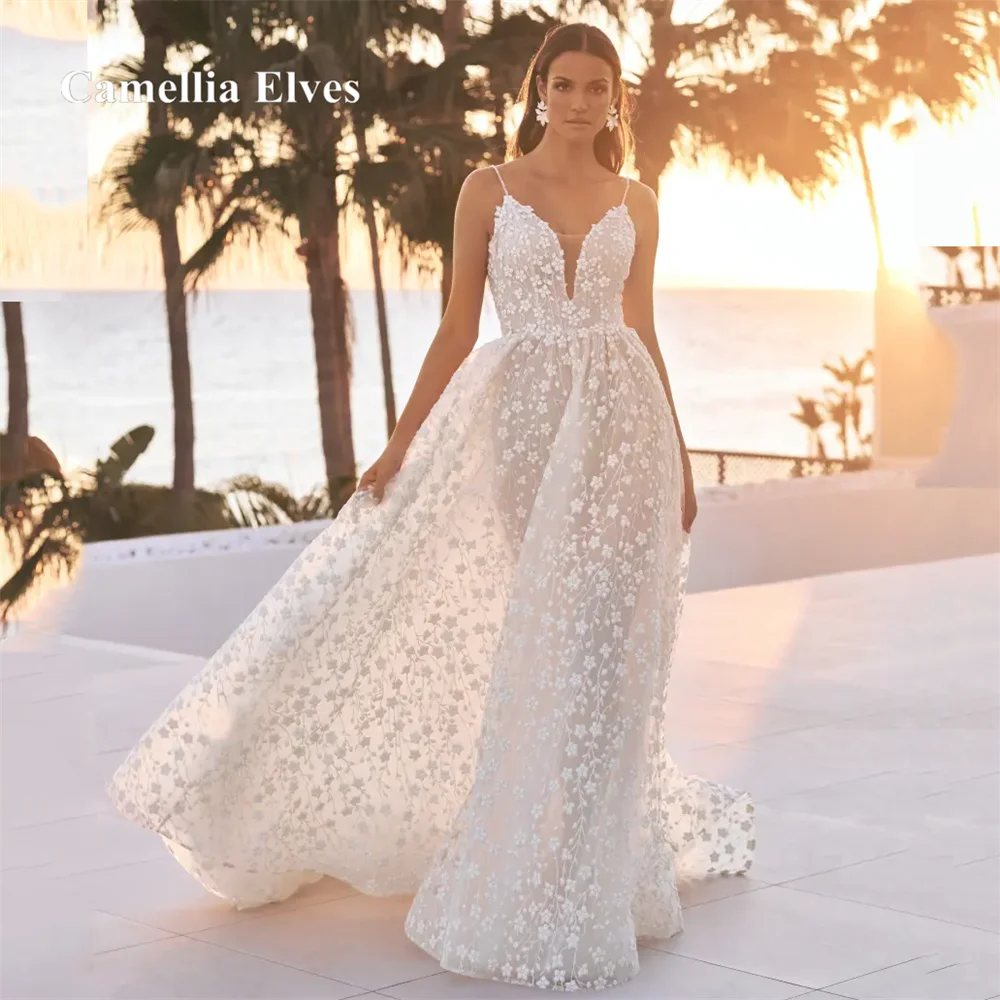 

Exquisite A Line Pretty Wedding Dresses V Neck Bride Robes Spaghetti Strap Bridal Gown Sweep Train Lace Zipper Vestidos De Novia