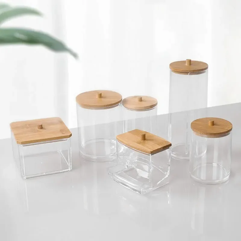 

Cotton Swab Storage Box Makeup Organizers Container Cosmetic Small Change Jewelry Storage Box Bamboo Lid Jar Home Storage