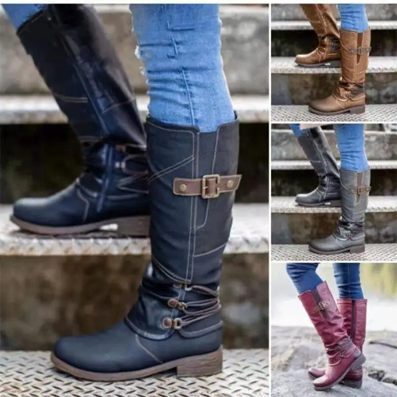 

Women Thigh High Boots Combat Knee-High Work Knight Boots Long Winter Ladies Casual Shoes PU Leather Modern Low Heel