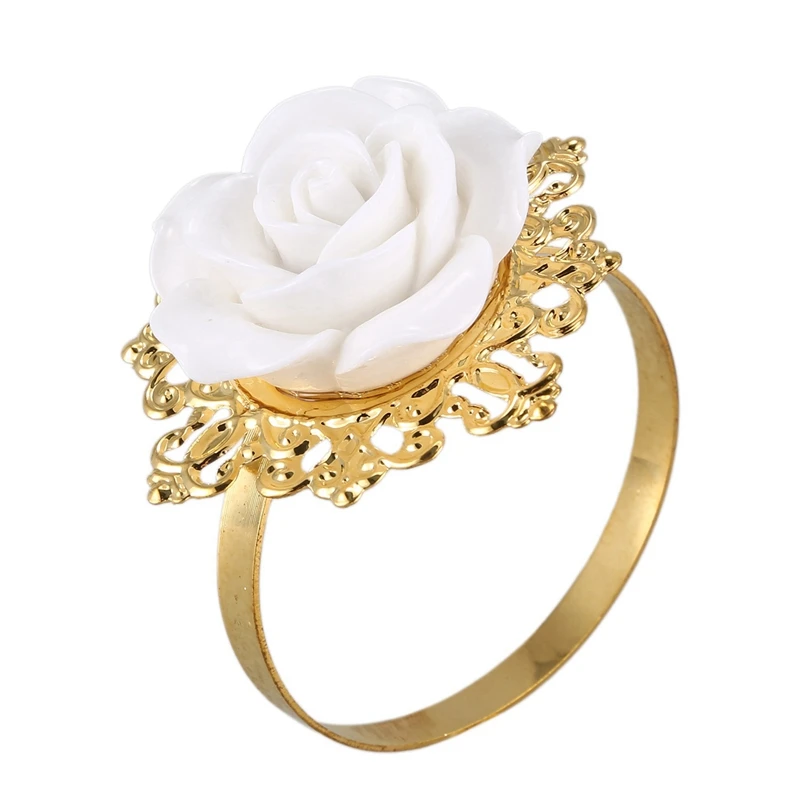 

36Pcs Resin Rose White Napkin Ring Table Kitchen Serviette Holder For Wedding Banquet Party Dinner Decoration Gold