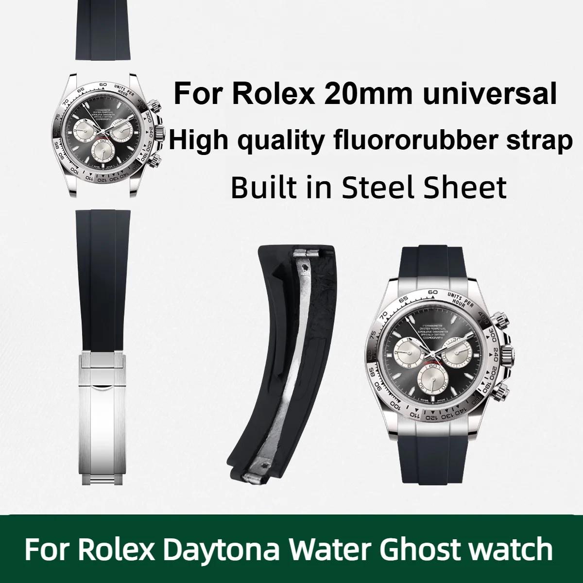 Фото Ремешок для часов из фторкаучука FKM 20 мм для Rolex Daytona Water Ghost Yacht GMT с внутренней стальной армировкой, браслет из фторкаучука для мужчин №1