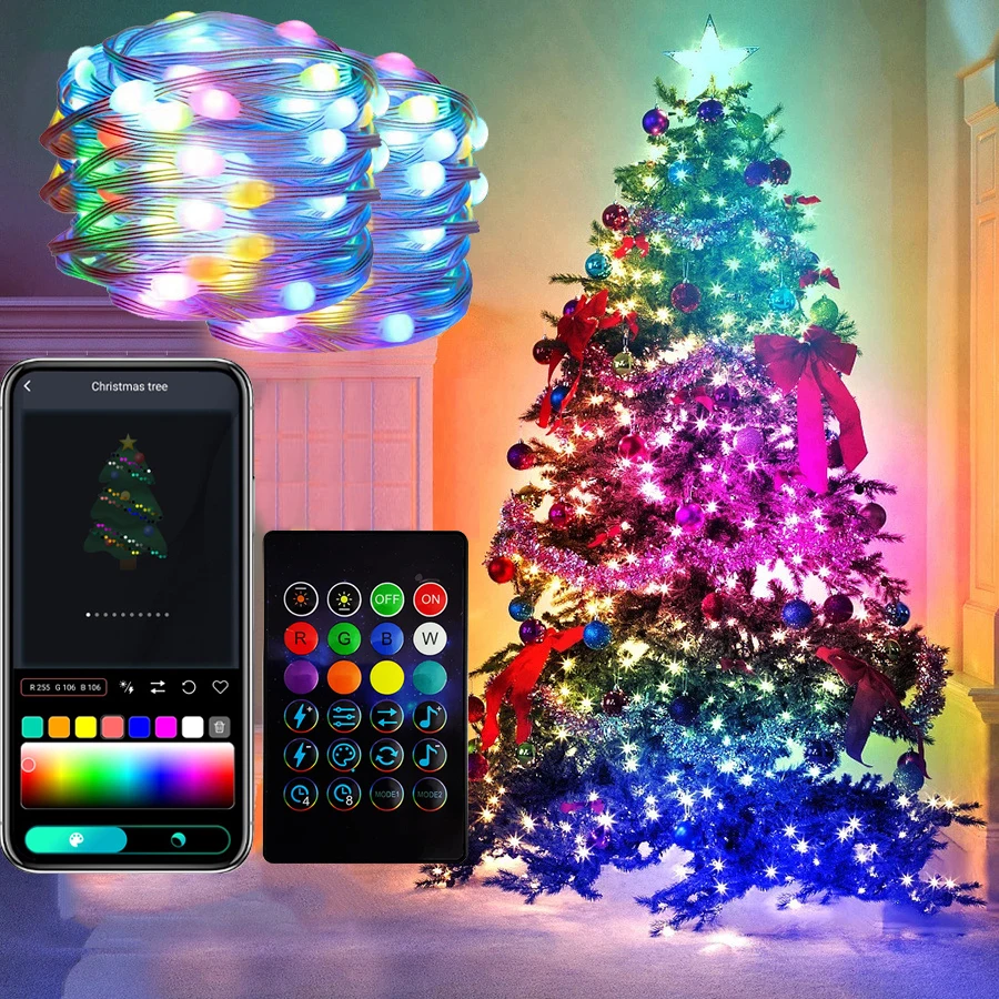 

Dream Color LED String Lights Bluetooth Music APP WS2812B RGBIC Lighting Addressable Individually Birthday Party Wedding Garland