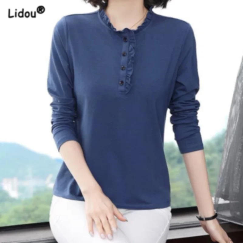 

Fashion Trends Women Clothing Comfortable Plain Leisure Grace Ruffled Temperament Button Office Lady Korean Spring New Shirts