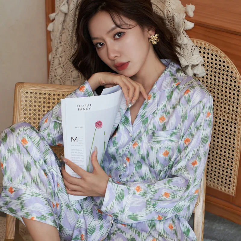 Women's 2 Piece Pajamas Sets Soft Cute Floral Pijama Faux Silk Satin Pyjamas Female Sleepwear Long Sleeve Shirt Trouser Homewear