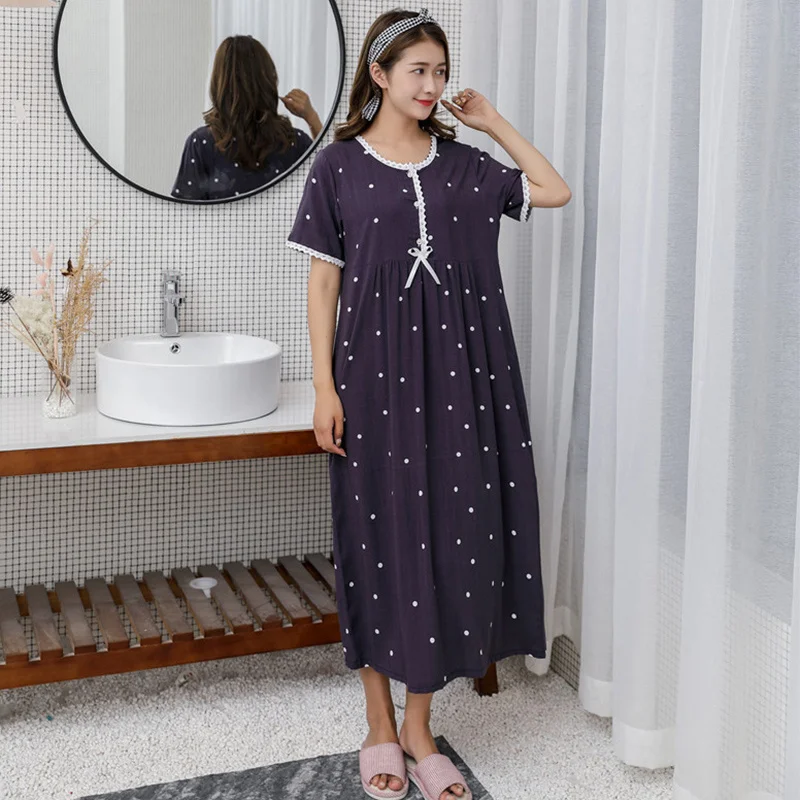 Big Yards Nightdress Women Cotton Lace Nightgown Polka Dot Short Sleeve Lingerie Nightwear Pajamas Home Dressing Gown Sleepshirt