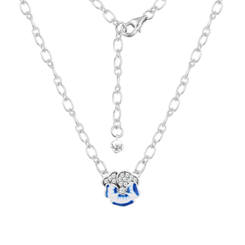 

2022 New Fashion 925 Sterling Silver Blue Pansy Flower Pendant Charm Long Women Necklace Pendants Link Chain Accessories