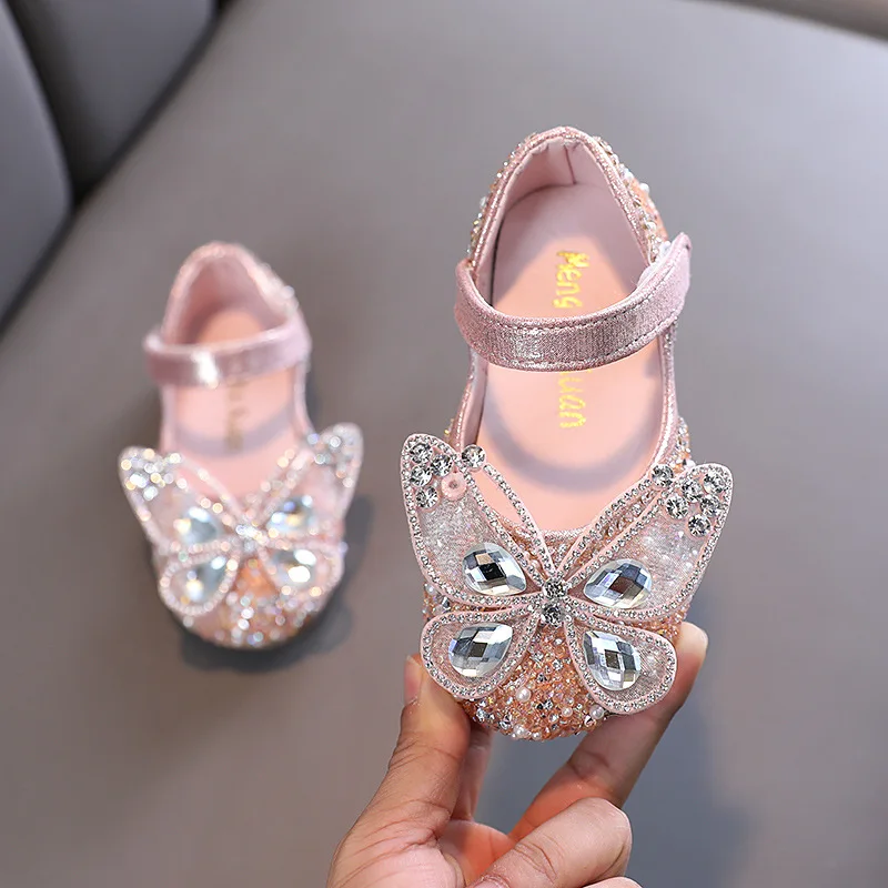 Girls Cute Pearl Princess Shoes Spring Kids Sequin Bow Dance Leather Shoes Children's Rhinestone Party Wedding Shoes G579