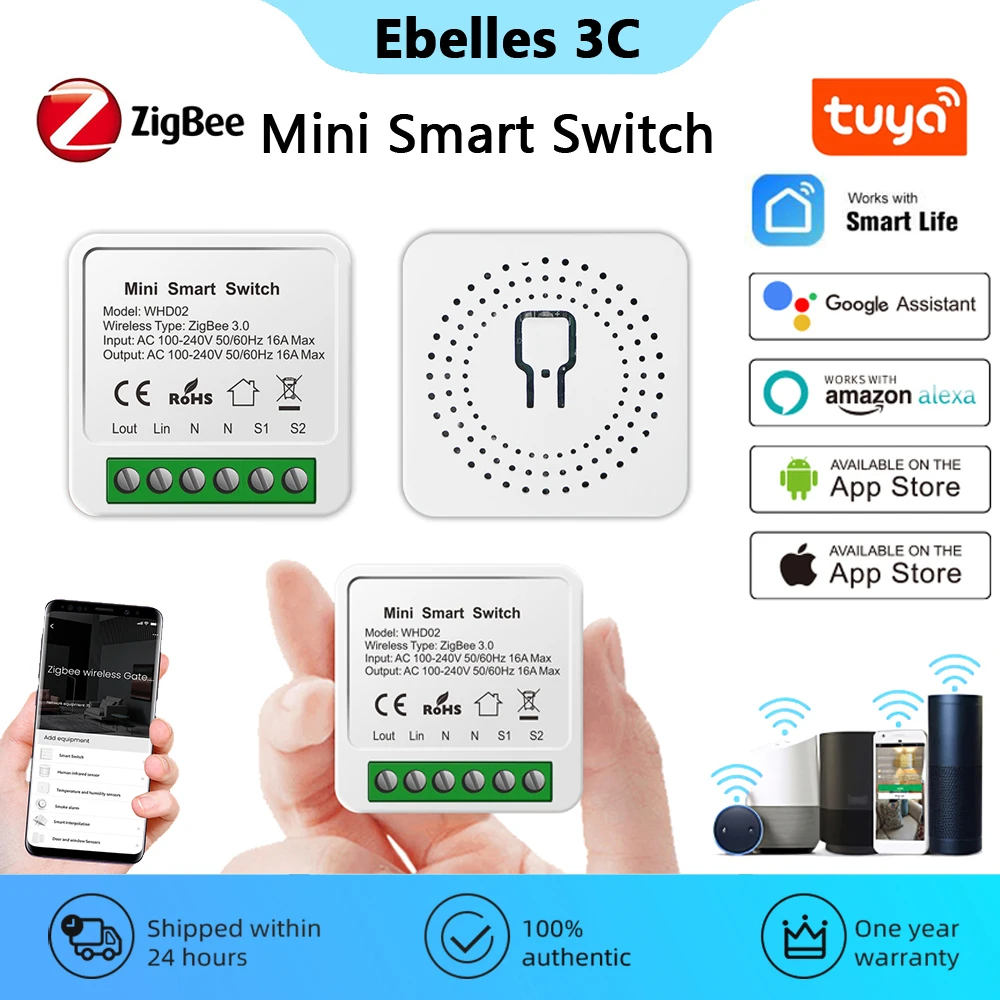 

Умный мини-выключатель Tuya, 16 А, с поддержкой Wi-Fi и голосового управления