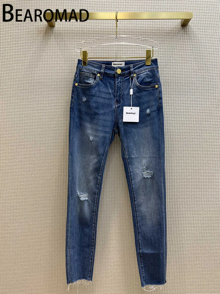 

Bearomad 2022 Designer Fashion Summer Casual Straight Light Deep Blue Jeans Women Regular Waist Many Pocket Slim Party Jeans