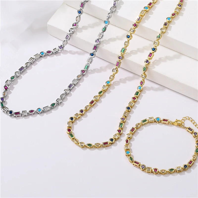 

HECHENG,Green Pink White Iced Out Bling Geometric CZ Chain Necklace Bracelet high quality fashion women colorful cz Jewelry Set