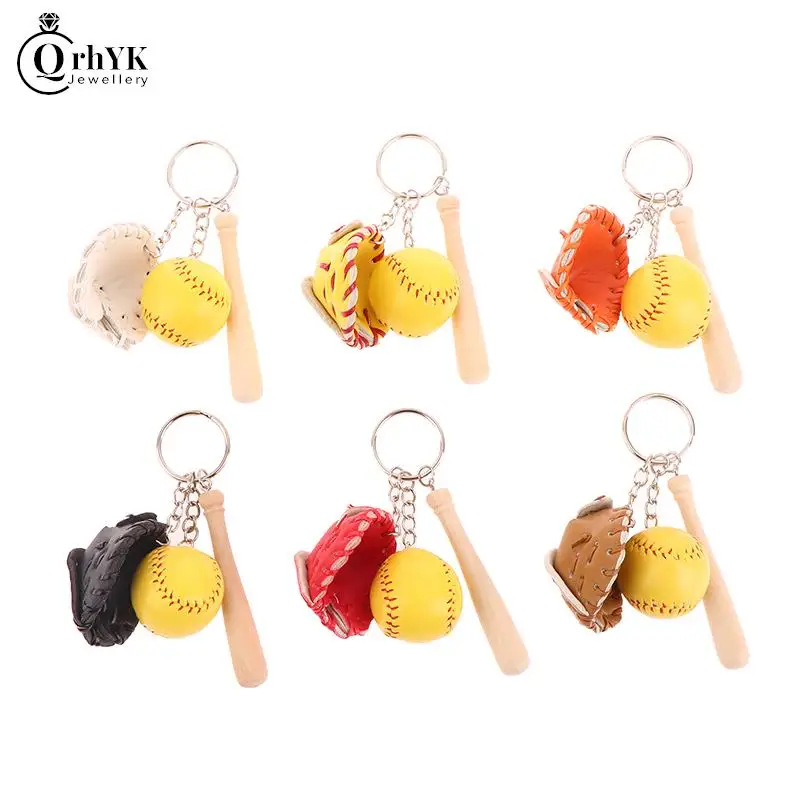 

3D PU Colorful Mini Baseball Glove Wooden Bat Keychain Sports Car Key Chain Key Ring Gift For Women Men Gift