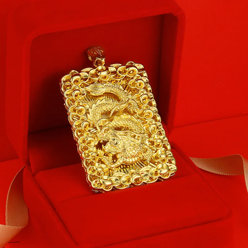 

New Classic Ethnic Dragon Pendant for Men Bro Wealth Honor Pure 14k Gold Orginal Plated Square Pendant Tag Jewelry Gifts