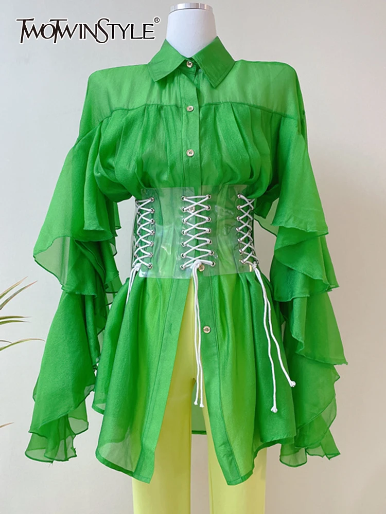 

TWOTWINSTYLE Slim Shirt For Women Lapel Long Sleeve Ruffle Trim Solid Button Through Blouse Female Fashion Clothing Style New
