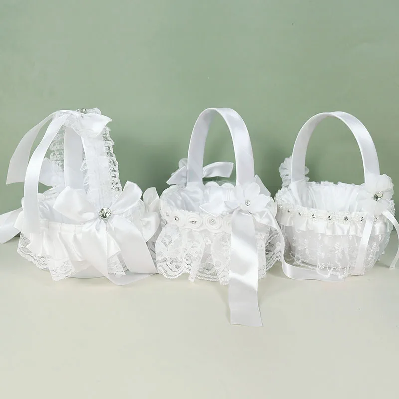 

Wedding Supplies Flower Basket Lace Pearl Romantic White Rhinestone Decoration Wedding Bridesmaid Girl Woven Flower Basket