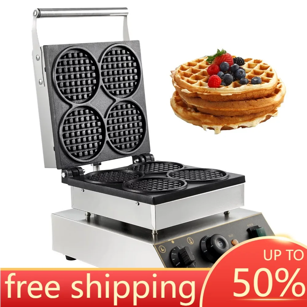 

4pcs Round Waffle Maker Machine Commercial Electric Nonstick Stainless Steel Baker